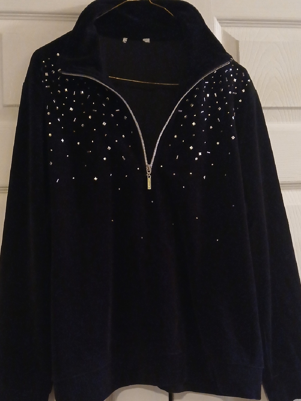 Black Velour Half-Zip Sweater with Rhinestone Detail
